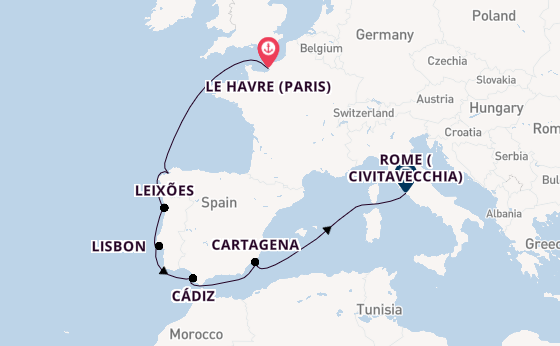 Western Mediterranean from Le Havre (Paris), France with the Carnival Miracle