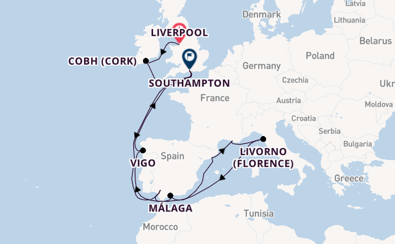 Western Mediterranean from Liverpool, England with the Queen Mary 2