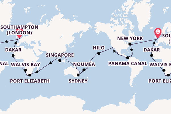 Round-the-World Trip from Southampton, England with the Queen Victoria