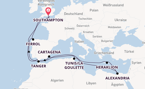 Mittelmeer ab Southampton, Großbritannien auf der Aurora