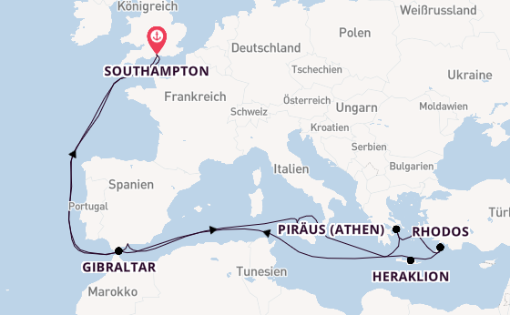 Mittelmeer ab Southampton, Großbritannien auf der Arcadia
