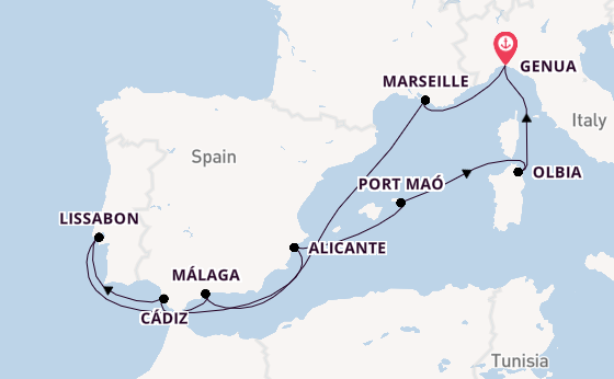 Westelijke Middellandse Zee vanaf Genua, Italië met de MSC Sinfonia