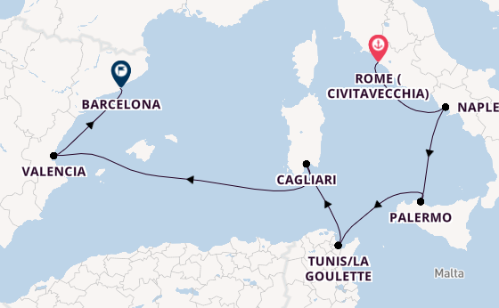 Western Mediterranean from Rome (Civitavecchia), Italy with the Viking Star