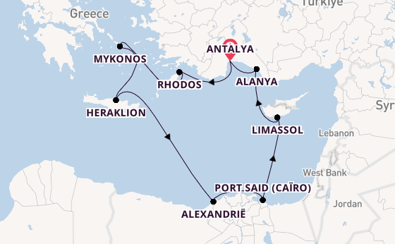 Oostelijke Middellandse Zee vanaf Antalya, Turkije met AIDAblu