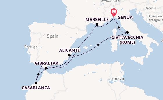 Westelijke Middellandse Zee vanaf Genua, Italië met de MSC Sinfonia