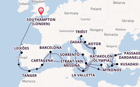 Middellandse Zee vanaf Southampton (Londen), Engeland met de Queen Elizabeth