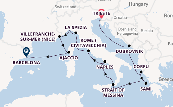 Western Mediterranean from Trieste, Italy with the Queen Elizabeth
