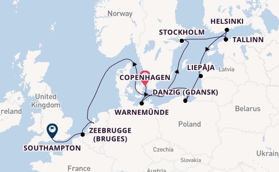 England from Copenhagen, Denmark with the Seven Seas Splendor