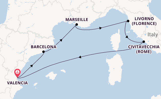 Westelijke Middellandse Zee vanaf Valencia, Spanje met de MSC Sinfonia
