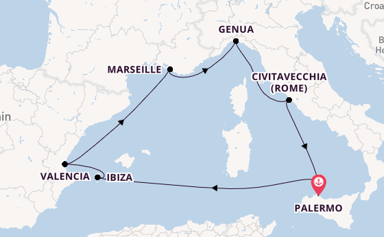 Westelijke Middellandse Zee vanaf Palermo, Sicilië met de MSC Musica