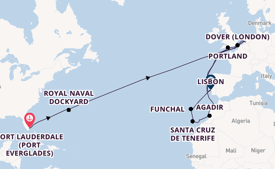 Transatlantic from Fort Lauderdale (Port Everglades), Florida, USA with the Nieuw Statendam