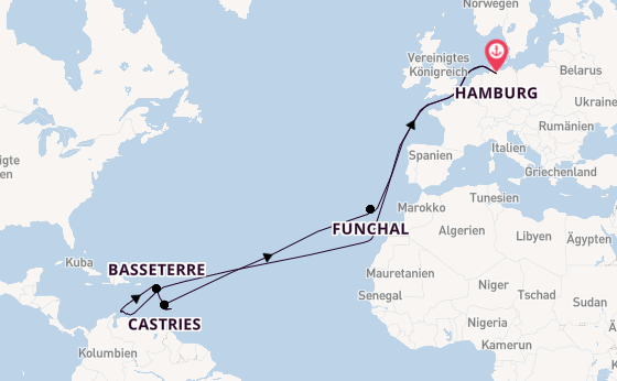Karibik ab Hamburg, Deutschland auf der Mein Schiff Flow