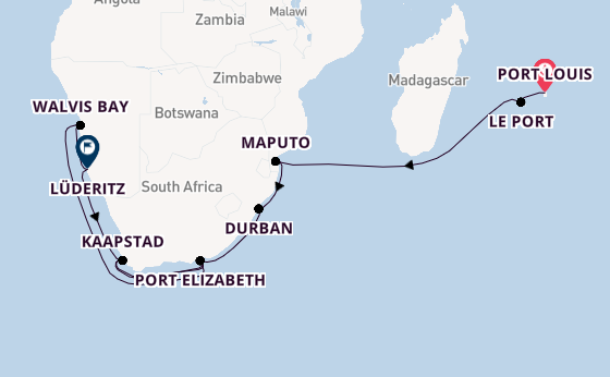 Zuidelijk Afrika vanaf Port Louis, Mauritius met AIDAblu