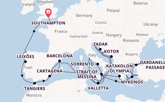 Mediterranean Sea from Southampton, England with the Queen Elizabeth