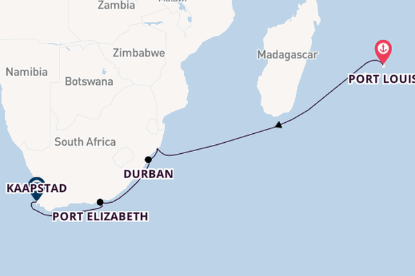Zuid-Afrika vanaf Port Louis, Mauritius met de Mein Schiff 5