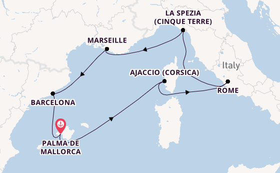 Westelijke Middellandse Zee vanaf Palma de Mallorca, Mallorca, Spanje met de Mein Schiff Flow