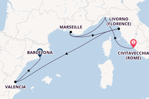 Westelijke Middellandse Zee vanaf Civitavecchia (Rome), Italië met de MSC Orchestra