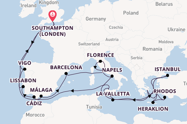 Middellandse Zee vanaf Southampton (Londen), Engeland met de Sky Princess