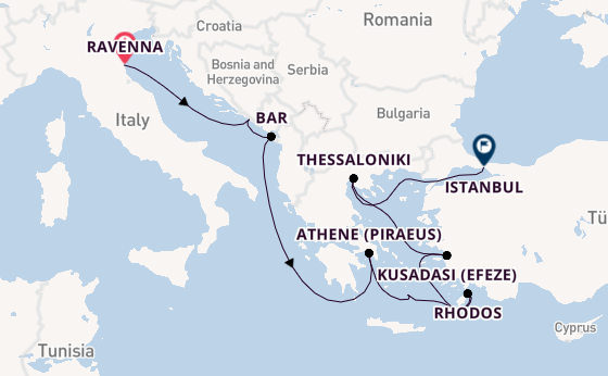 Oostelijke Middellandse Zee vanaf Ravenna, Italië met de Norwegian Viva