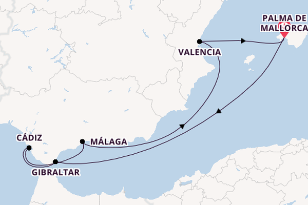 Westelijke Middellandse Zee vanaf Palma de Mallorca, Mallorca, Spanje met de Mein Schiff 7