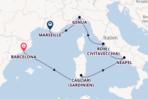 Westliches Mittelmeer ab Barcelona, Spanien auf der Costa Smeralda