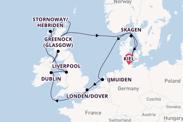 Britse Eilanden vanaf Kiel, Duitsland met AIDAluna