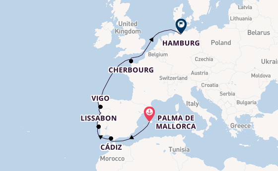Portugal vanaf Palma de Mallorca, Mallorca, Spanje met AIDAprima