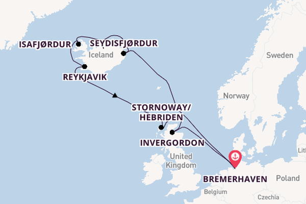 Arctica vanaf Bremerhaven, Duitsland met de Mein Schiff 3