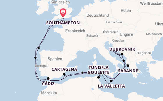 Mittelmeer ab Southampton, Großbritannien auf der Arcadia