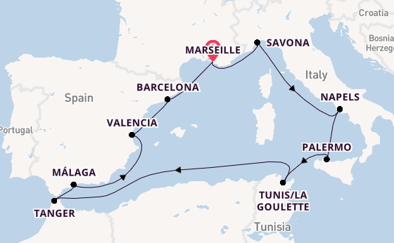 Westelijke Middellandse Zee vanaf Marseille, Frankrijk met de Costa Pacifica