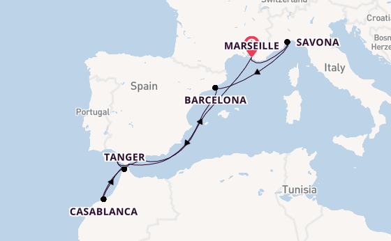 Westelijke Middellandse Zee vanaf Marseille, Frankrijk met de Costa Fascinosa