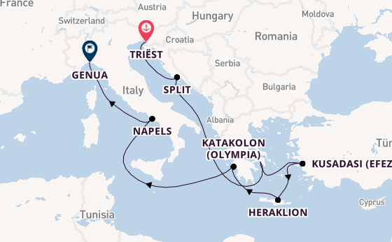 Middellandse Zee vanaf Triëst, Italië met de MSC Splendida