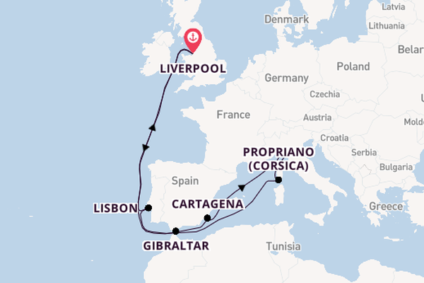 Western Mediterranean from Liverpool, England with the Bolette