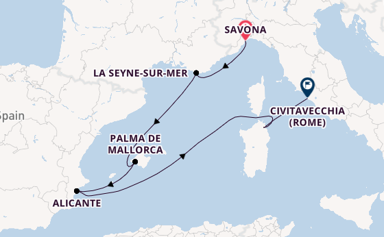 Westelijke Middellandse Zee vanaf Savona, Italië met de Costa Pacifica