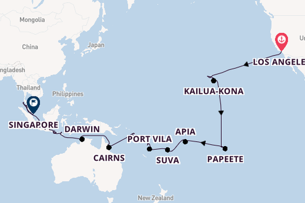 Transpacifisch vanaf Los Angeles, Verenigde Staten met de Regatta