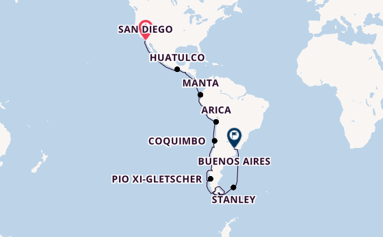 Zuid-Amerika vanaf San Diego, Verenigde Staten met de Nieuw Amsterdam