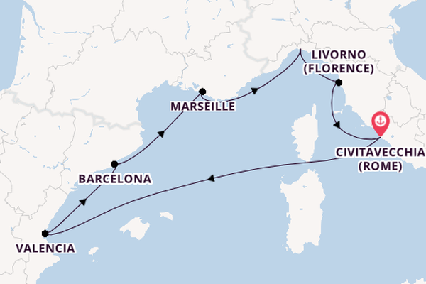 Westelijke Middellandse Zee vanaf Civitavecchia (Rome), Italië met de MSC Orchestra