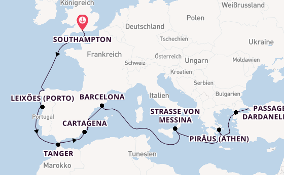 Mittelmeer ab Southampton, Großbritannien auf der Queen Elizabeth