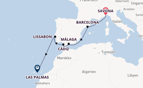 Westliches Mittelmeer ab Savona, Italien auf der Costa Diadema