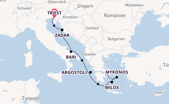 Mittelmeer ab Triest, Italien auf der Seven Seas Prestige