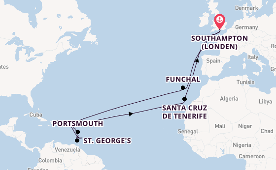 Caribbean vanaf Southampton (Londen), Engeland met de Queen Mary 2