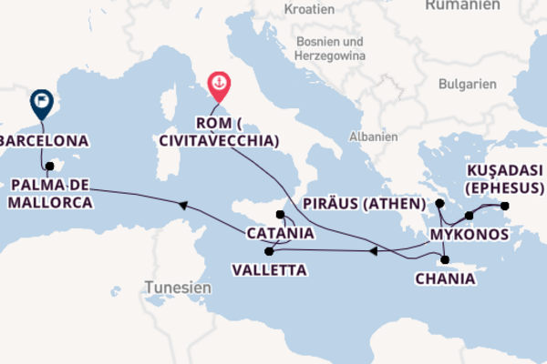 Rom (Civitavecchia), Catania und Barcelona genießen