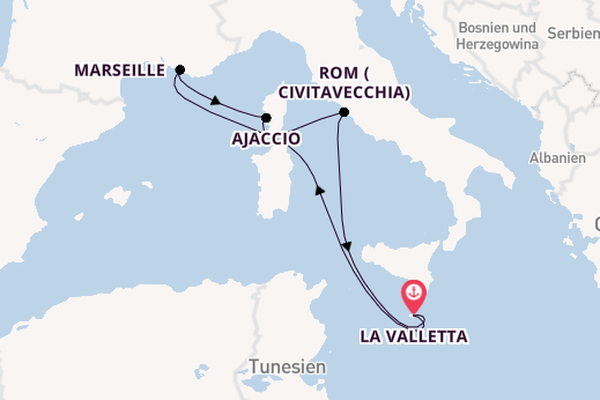 Westliches Mittelmeer ab La Valletta, Malta auf der Azura