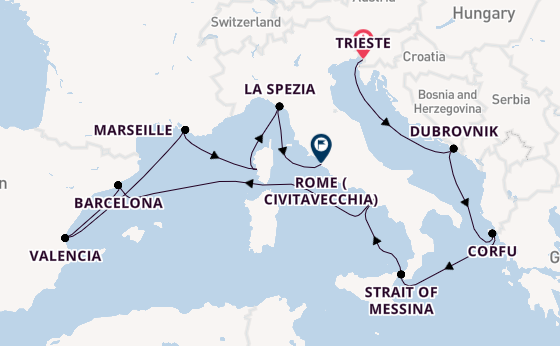 Western Mediterranean from Trieste, Italy with the Queen Elizabeth