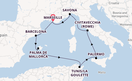 Westelijke Middellandse Zee vanaf Marseille, Frankrijk met de Costa Toscana