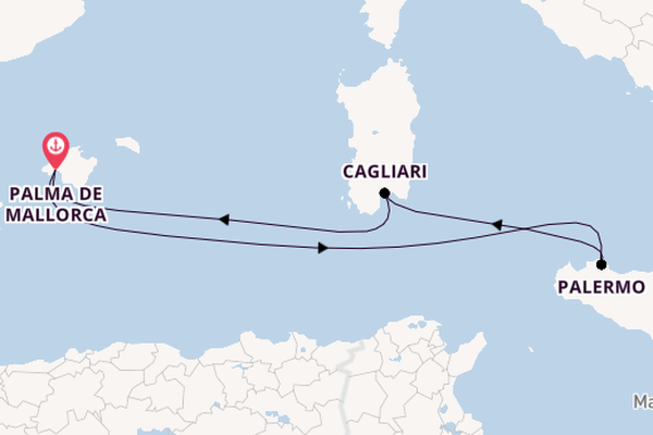 Westelijke Middellandse Zee vanaf Palma de Mallorca, Mallorca, Spanje met de Mein Schiff 2 