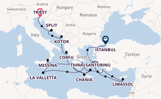Oostelijke Middellandse Zee vanaf Triëst, Italië met de Enchanted Princess