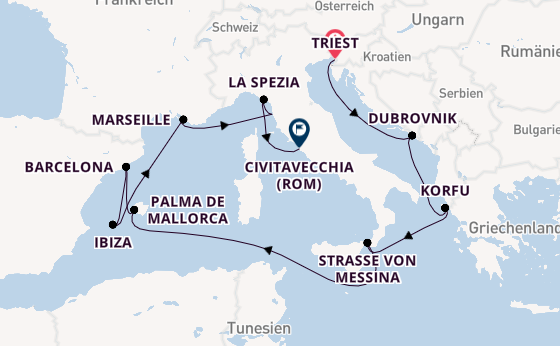 Westliches Mittelmeer ab Triest, Italien auf der Queen Elizabeth