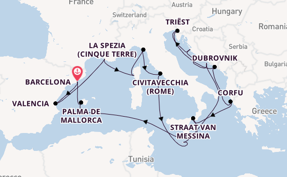 Middellandse Zee vanaf Barcelona, Spanje met de Queen Elizabeth