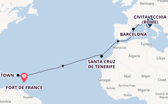 Caribbean vanaf Fort de France, Martinique met de MSC World Europa